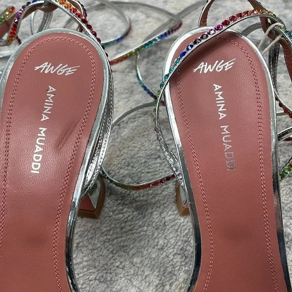 New Amina Muaddi x AWGE Rainbow Crystal LSD WrapAround Gladiator Sandals Heels